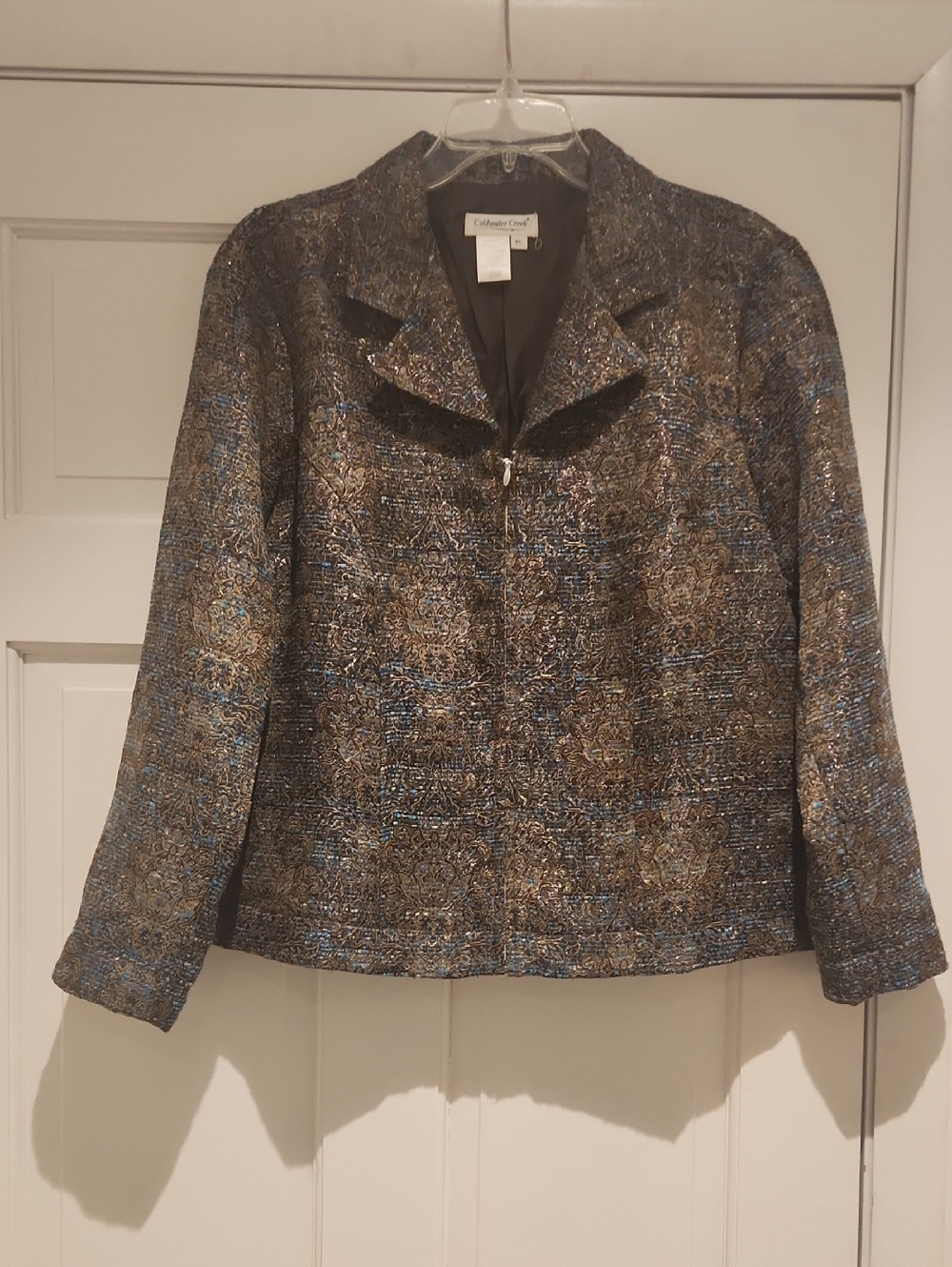 Vintage Coldwater Creek Zip Up Metallic Brocade Blazer in Gold and Blue